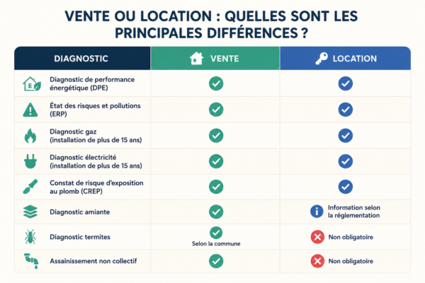 Infographie : vente ou location : quels diagnostics immobiliers sont obligatoires ? Le Strat Immobilier - Agence immobilière Caen
